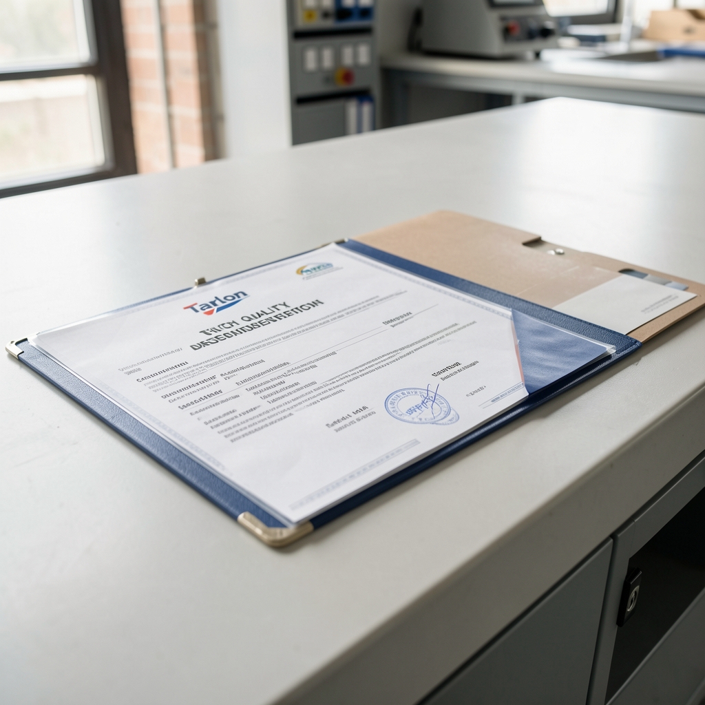 Cradeon quality documentation folder with batch certificates laid flat on a clean workshop surface with natural light