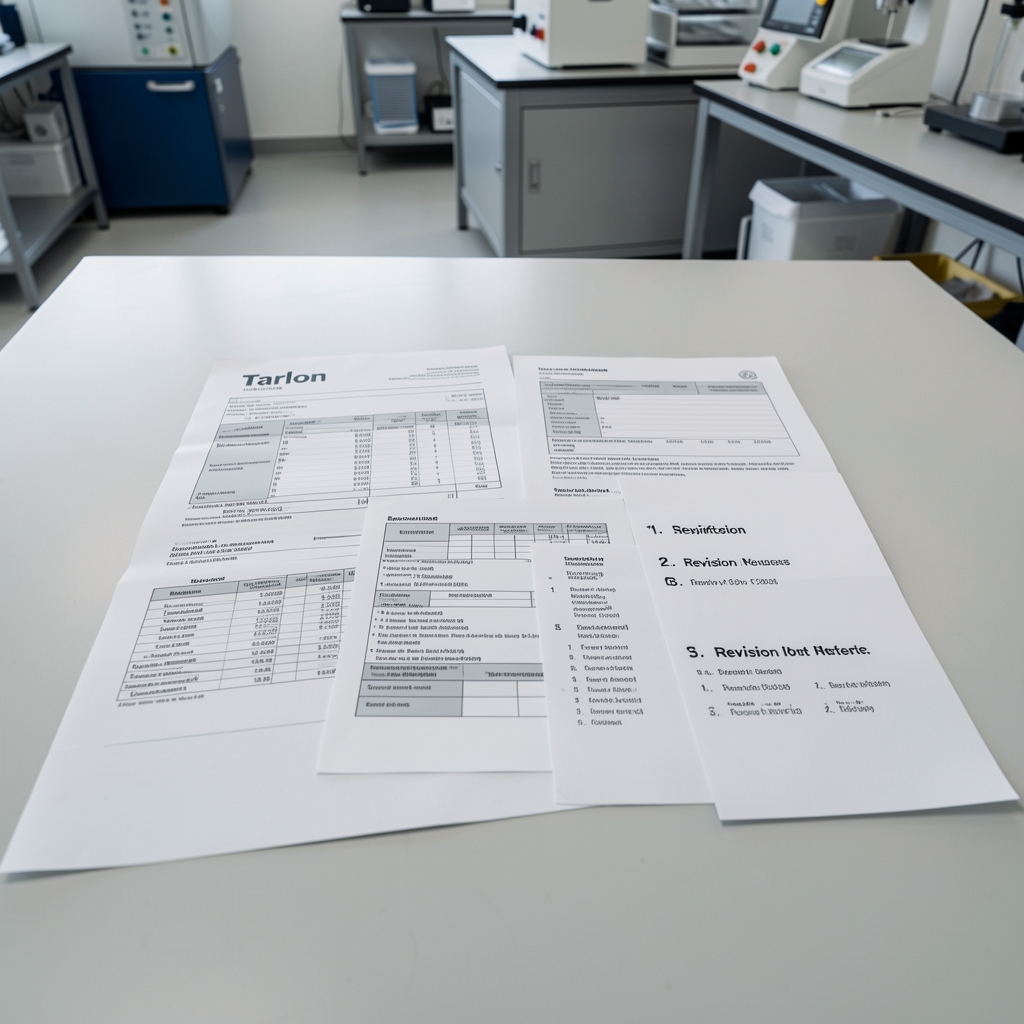Cradeon formulation process documentation laid flat on a clean workshop table showing batch records, specification sheets, and numbered revision notes