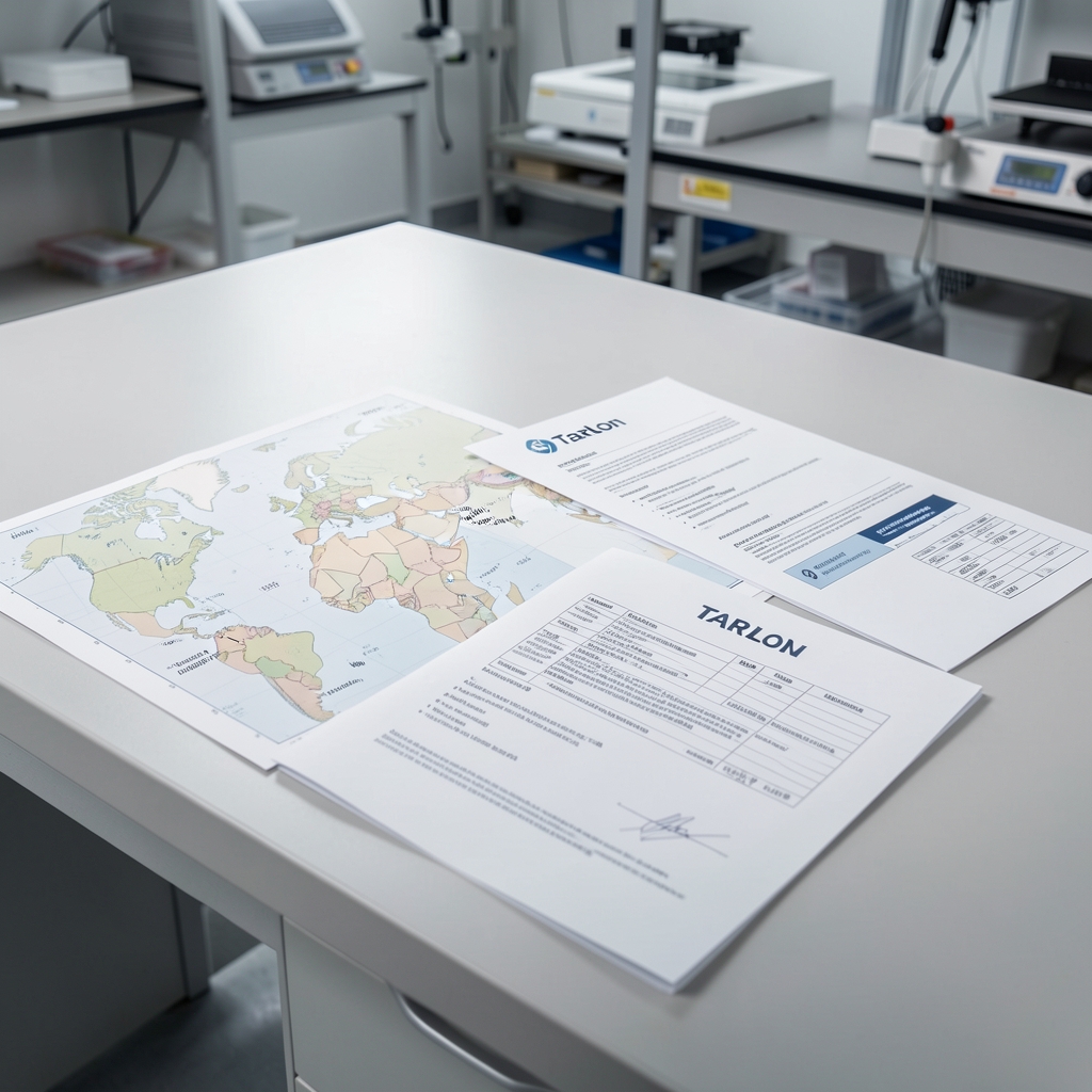Cradeon ingredient supplier documentation spread on a clean workshop surface with origin maps, certificates of composition, and audit records visible under studio lighting