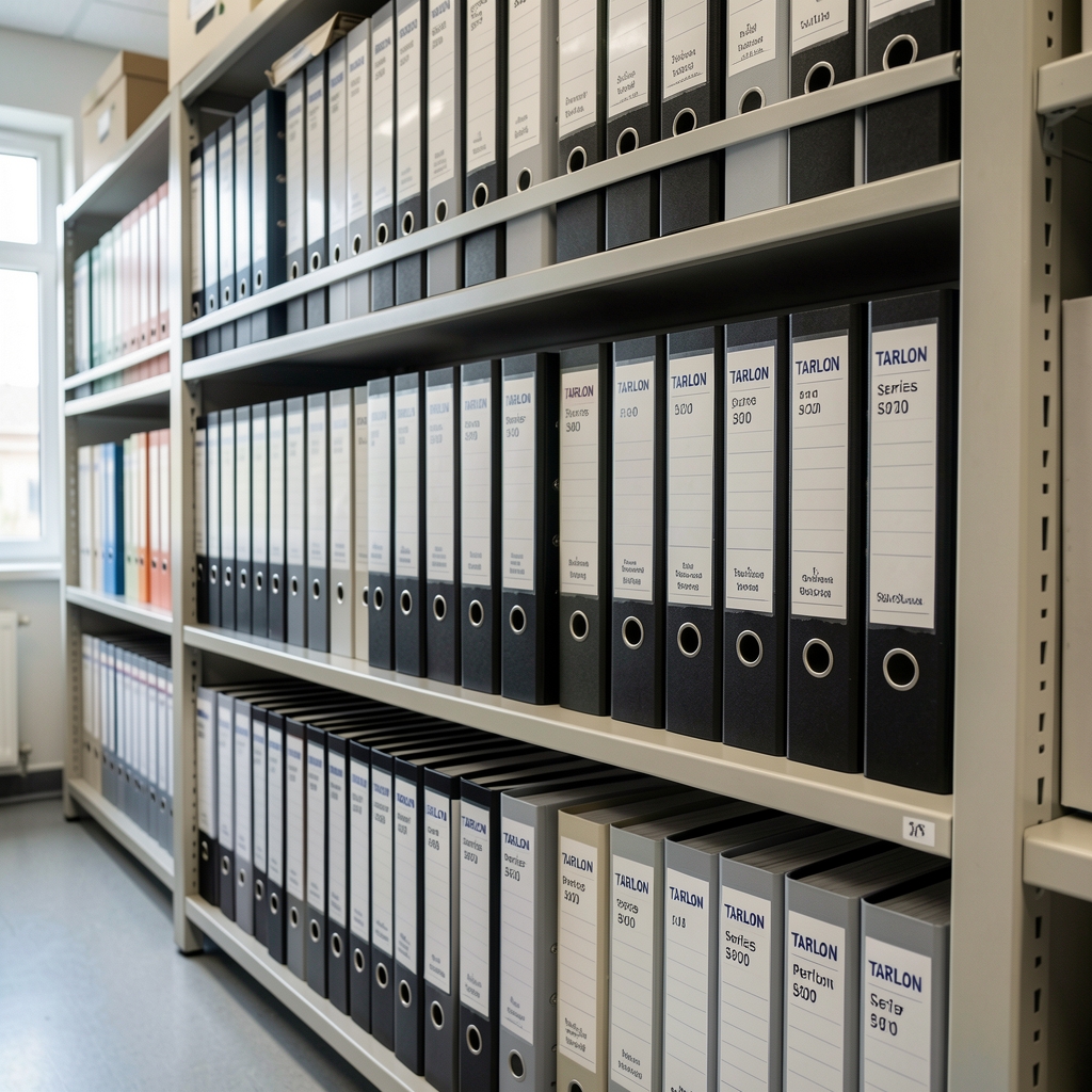 Cradeon lot archive shelf with labelled binders organised by production series number in a clean and orderly document storage environment