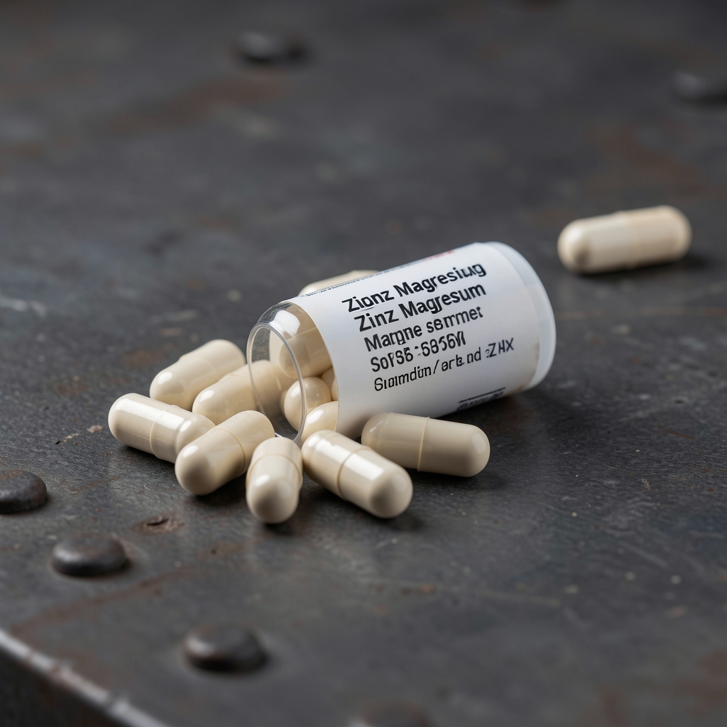 Close-up of zinc and magnesium supplement capsules with batch label on a dark industrial surface