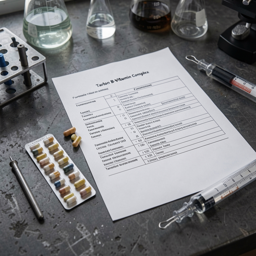 Cradeon B-Vitamin complex capsule strip on dark industrial worktop beside printed formulation specification sheet with laboratory measurement tools