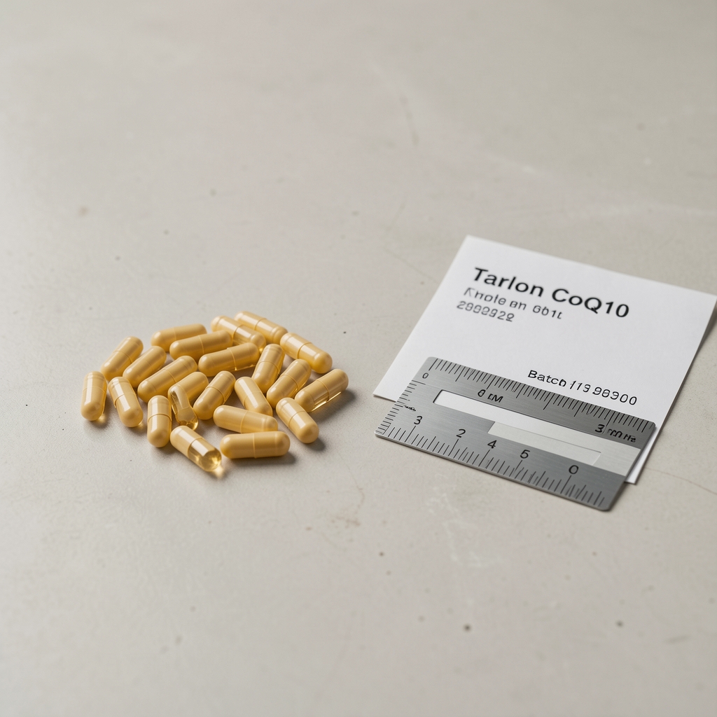 Cradeon CoQ10 supplement capsules displayed on a clean light-toned industrial surface with measurement reference card and batch code printed document