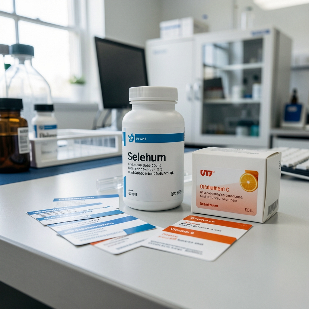 Cradeon Antioxidant Complex supplement viewed in quality-control environment with selenium and vitamin C ingredient cards alongside sealed product unit